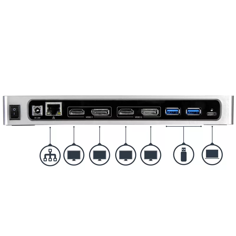 StarTech.com dock USB-C e USB-A - Dock dual-monitor 4K 60Hz DisplayPort + HDMI - Estação de acoplamento USB 3.0 híbrida para portáteis USB-C ou USB-A - 6x USB Type-A, GbE - USB 3.1 Gen 1 - Mac/Windows