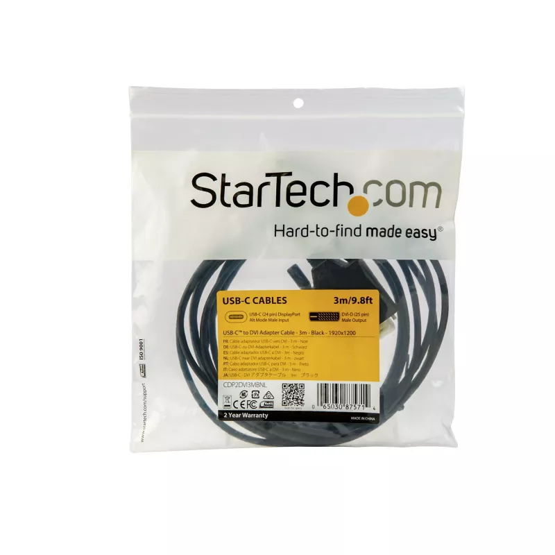 StarTech.com cabo USB-C para DVI de 10ft (3m) – 1080p (Single Link) cabo adaptador USB Type-C (DP Alt Mode HBR2) para DVI-Digital vídeo – Funciona com Thunderbolt 3 – Portátil para monitor/ecrã DVI