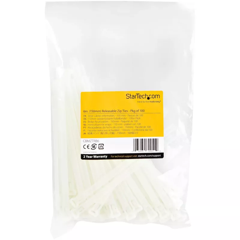 StarTech.com abraçadeiras reutilizáveis de 15 cm – 7 mm de largura, 35 mm de diâmetro de feixe, 22 kg de resistência à tração, abraçadeiras de nylon removíveis, interior/exterior, 94V-2/UL listado, 100 unidades – Branco