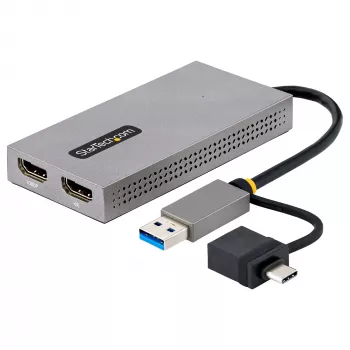StarTech.com adaptador USB para dual-HDMI, USB-A/C para 2x ecrãs HDMI (1x 4K30Hz, 1x 1080p), dongle USB-A para C integrado, cabo de 11 cm, adaptador USB 3.0 para HDMI, Windows e macOS