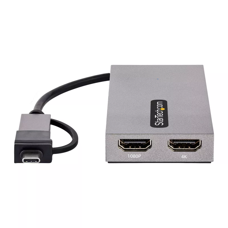 StarTech.com adaptador USB para dual-HDMI, USB-A/C para 2x ecrãs HDMI (1x 4K30Hz, 1x 1080p), dongle USB-A para C integrado, cabo de 11 cm, adaptador USB 3.0 para HDMI, Windows e macOS