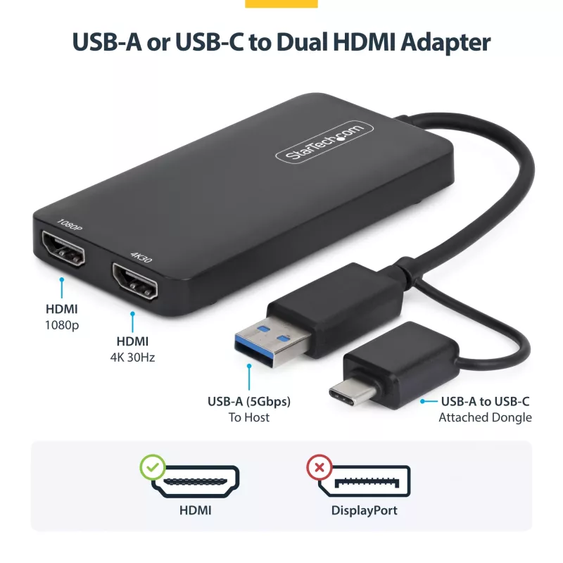 StarTech.com adaptador USB para dual-HDMI, USB-A/C para 2x ecrãs HDMI (1x 4K30Hz, 1x 1080p), dongle USB-A para C integrado, cabo de 11 cm, adaptador USB 3.0 para HDMI, Windows e macOS