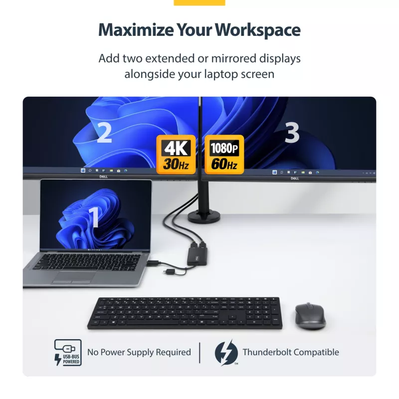 StarTech.com adaptador USB para dual-HDMI, USB-A/C para 2x ecrãs HDMI (1x 4K30Hz, 1x 1080p), dongle USB-A para C integrado, cabo de 11 cm, adaptador USB 3.0 para HDMI, Windows e macOS