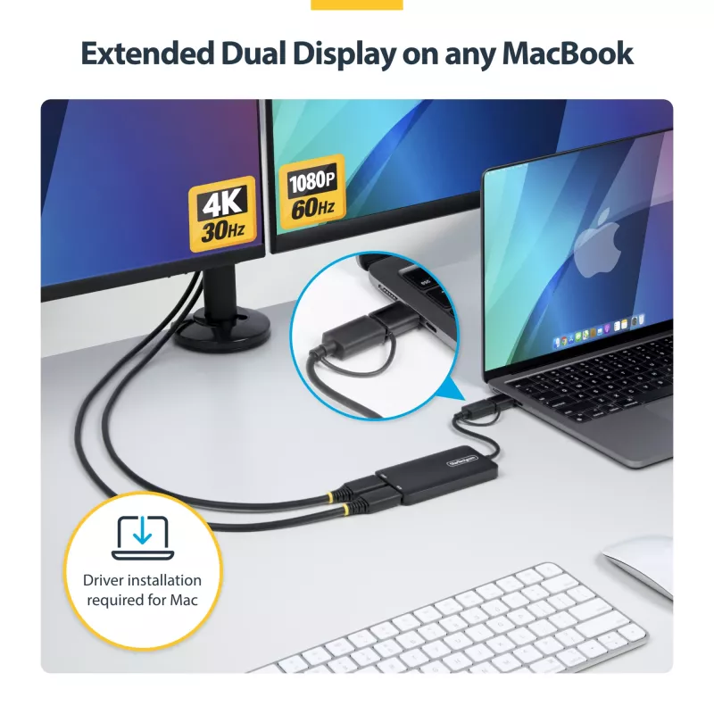 StarTech.com adaptador USB para dual-HDMI, USB-A/C para 2x ecrãs HDMI (1x 4K30Hz, 1x 1080p), dongle USB-A para C integrado, cabo de 11 cm, adaptador USB 3.0 para HDMI, Windows e macOS