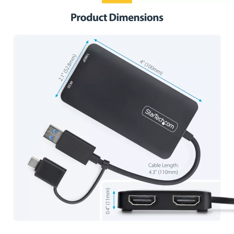 StarTech.com adaptador USB para dual-HDMI, USB-A/C para 2x ecrãs HDMI (1x 4K30Hz, 1x 1080p), dongle USB-A para C integrado, cabo de 11 cm, adaptador USB 3.0 para HDMI, Windows e macOS