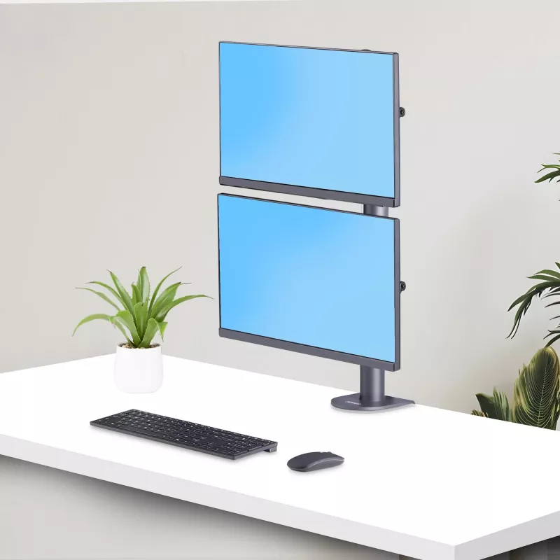 StarTech.com suporte de mesa para 2 monitores empilhados verticalmente, dual 49 polegadas, total 32 kg, grampo C, sistema VESA de libertação rápida, ecrã panorâmico 16:9/Ultra-wide 32:9, TAA
