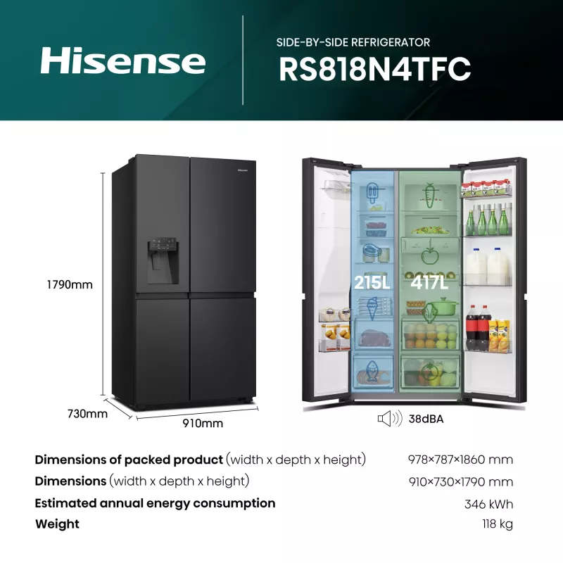 Hisense RS818N4TFC Frigorífico side-by-side Independente 632 L Preto, Aço inoxidável