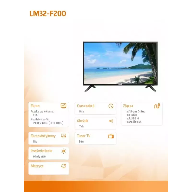 Monitor LCD DAHUA LM32-F200 31,5 polegadas Full HD 1920x1080 LED, 60 Hz, 8 ms, HDMI+VGA, altifalantes, VESA 75x75