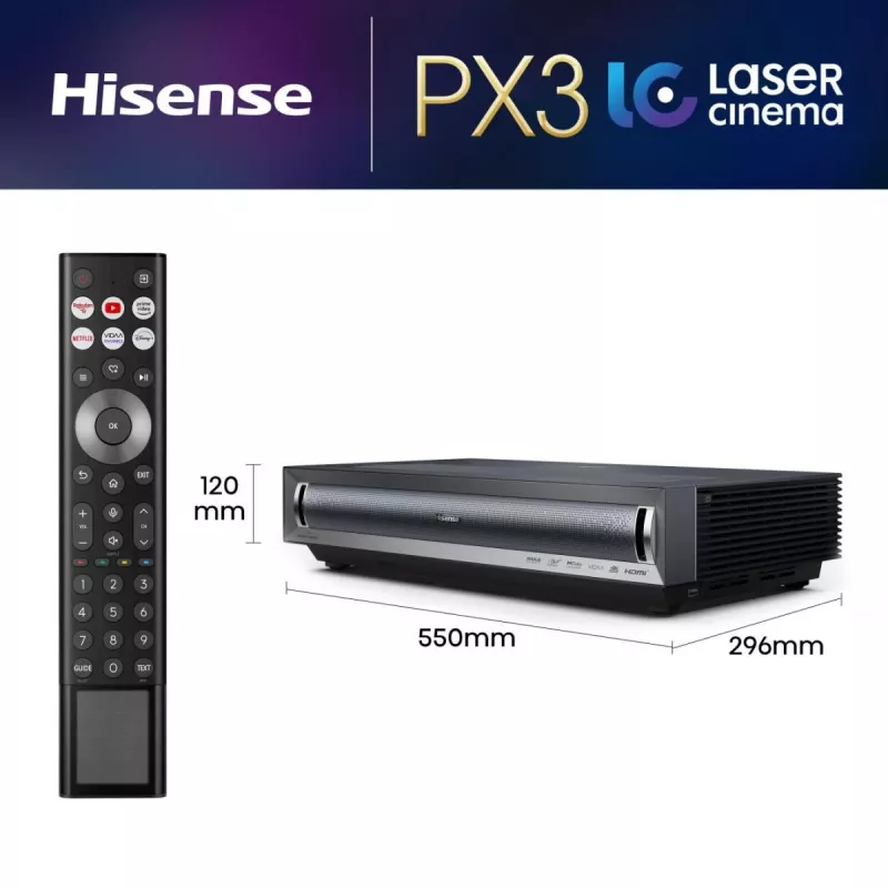 Televisor de projeção Hisense PX3 projetor de distância ultra-curta 2800 ANSI Lumen UHD 4K (3840x2160) preto, cinzento-escuro