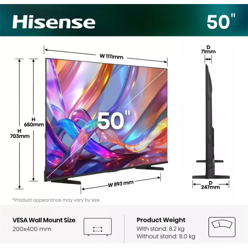 TV Hisense 50Q7S 50 polegadas (127 cm) QLED 4K Ultra HD Smart-TV, Direct-LED, HomeOS, Wi‑Fi, preto