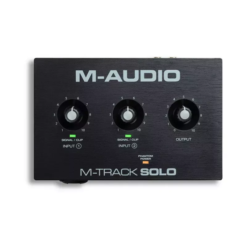Interface de áudio M-Audio M-Track Solo — USB 16 bits/48 kHz, 1 entrada/1 saída, conector combinado XLR/TRS e entrada de instrumento, alimentação fantasma 48 V, saída para auscultadores
