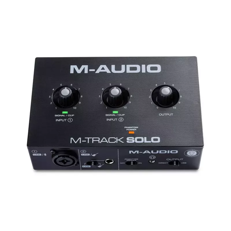 Interface de áudio M-Audio M-Track Solo — USB 16 bits/48 kHz, 1 entrada/1 saída, conector combinado XLR/TRS e entrada de instrumento, alimentação fantasma 48 V, saída para auscultadores