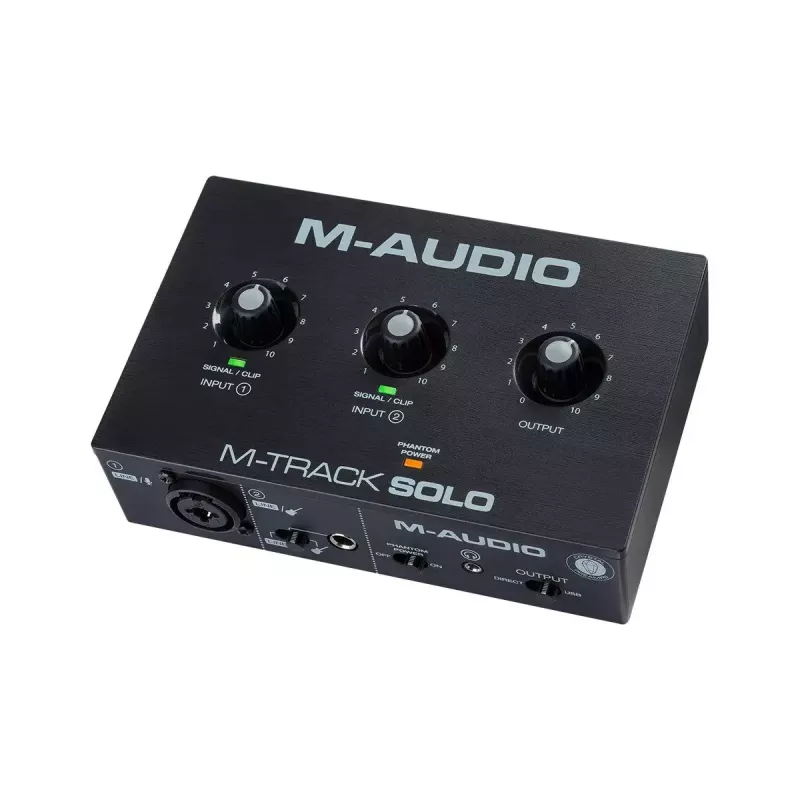 Interface de áudio M-Audio M-Track Solo — USB 16 bits/48 kHz, 1 entrada/1 saída, conector combinado XLR/TRS e entrada de instrumento, alimentação fantasma 48 V, saída para auscultadores
