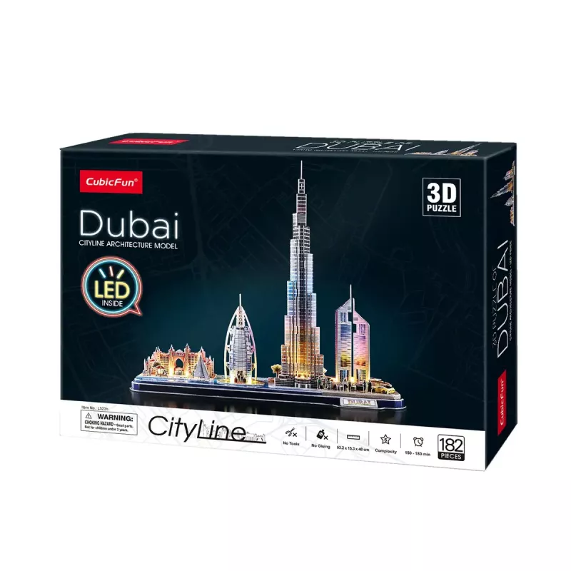Puzzle 3D CubicFun City Line Dubai LED, 182 peças, 532×48 mm, a partir de 10 anos