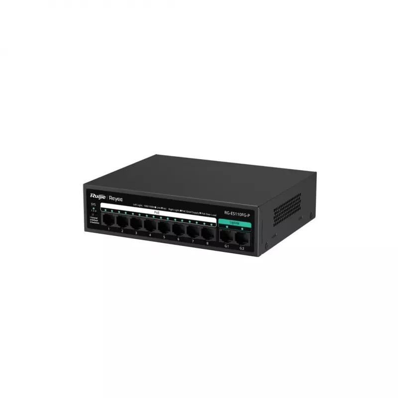 Switch PoE unmanaged RUIJIE RG-ES110FG-P — 10 portas Gigabit (10/100/1000) com 1 SFP, 120W, 20 Gbps switching