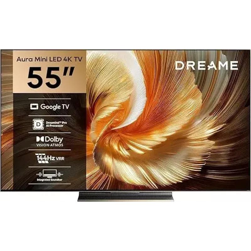 Smart TV Dreame Aura S100 55 polegadas, QLED+ (Mini LED), 4K UHD, Google TV, 144 Hz, processador de IA, barra de som integrada, preto