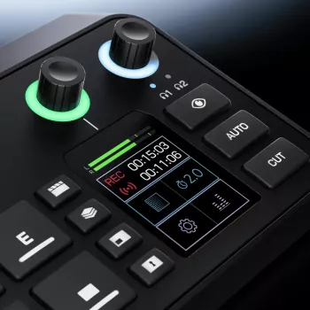 Consola de produção multicanal para podcast e livestream Rode RodeCaster Video S RCVS-E – ecrã tátil, Wi‑Fi, Bluetooth 5.3, 5x USB-C, 3x entrada HDMI, 1x saída HDMI, microSD