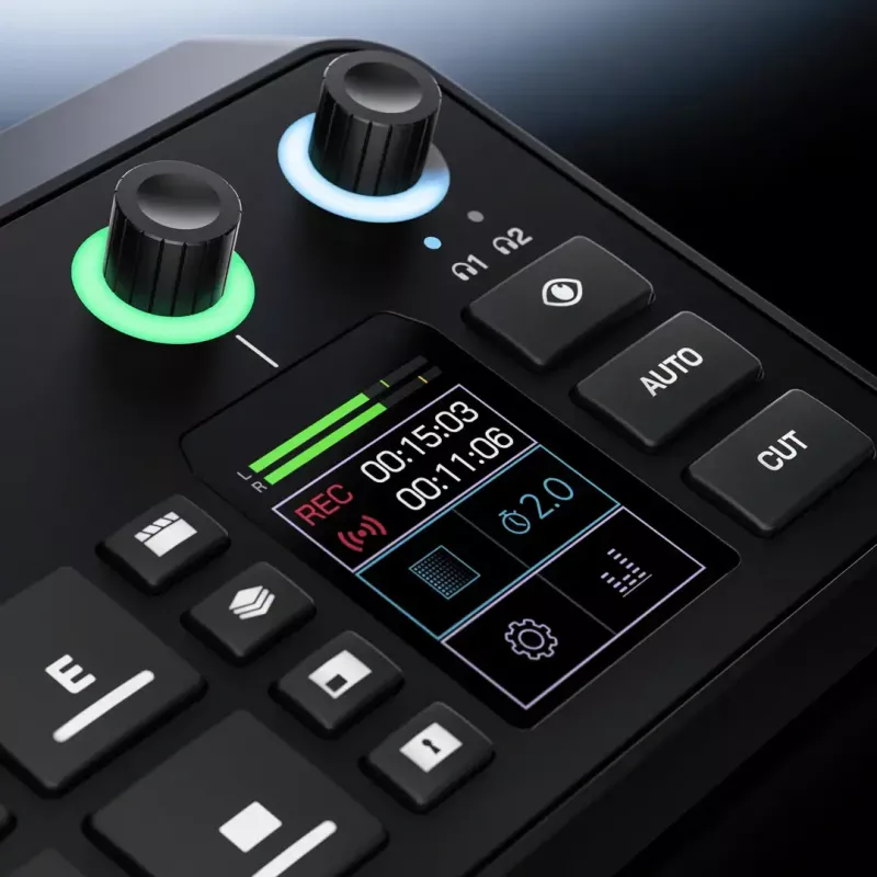 Consola de produção multicanal para podcast e livestream Rode RodeCaster Video S RCVS-E – ecrã tátil, Wi‑Fi, Bluetooth 5.3, 5x USB-C, 3x entrada HDMI, 1x saída HDMI, microSD