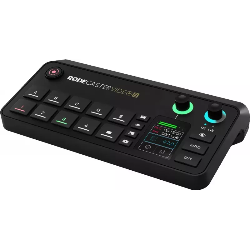 Consola de produção multicanal para podcast e livestream Rode RodeCaster Video S RCVS-E – ecrã tátil, Wi‑Fi, Bluetooth 5.3, 5x USB-C, 3x entrada HDMI, 1x saída HDMI, microSD