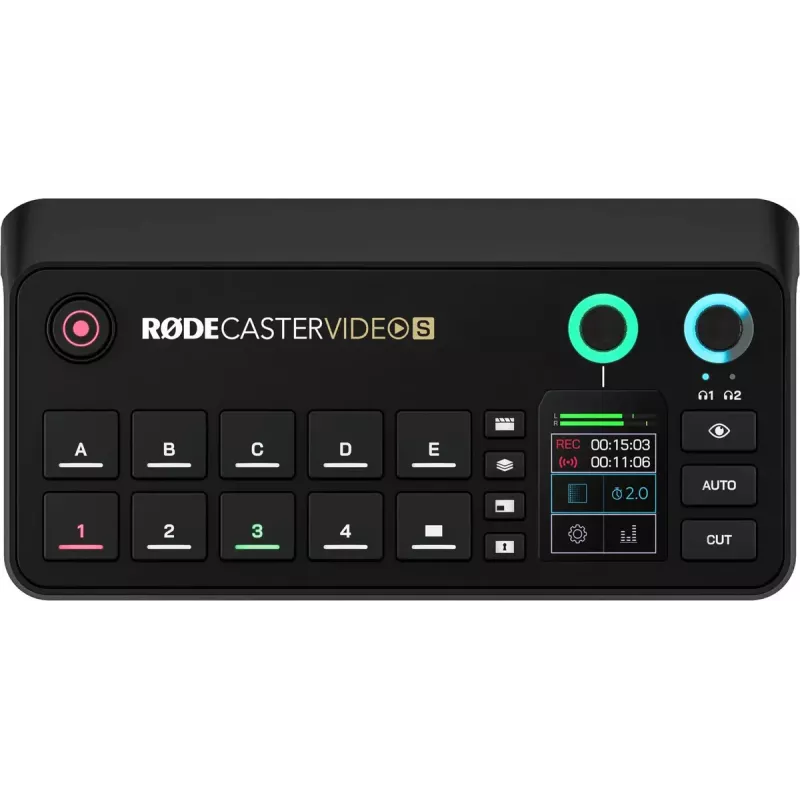 Consola de produção multicanal para podcast e livestream Rode RodeCaster Video S RCVS-E – ecrã tátil, Wi‑Fi, Bluetooth 5.3, 5x USB-C, 3x entrada HDMI, 1x saída HDMI, microSD