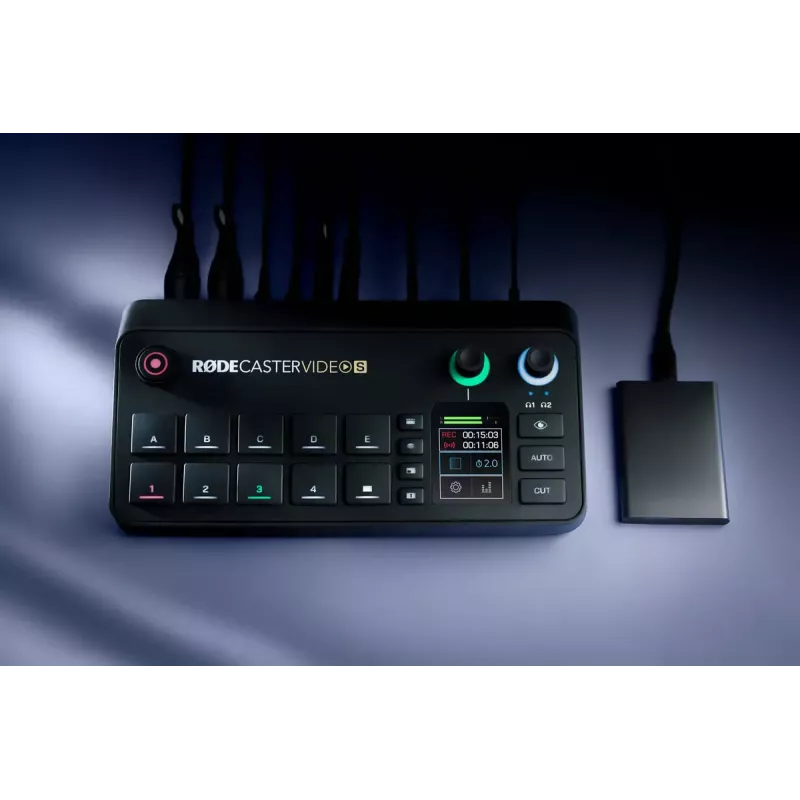 Consola de produção multicanal para podcast e livestream Rode RodeCaster Video S RCVS-E – ecrã tátil, Wi‑Fi, Bluetooth 5.3, 5x USB-C, 3x entrada HDMI, 1x saída HDMI, microSD