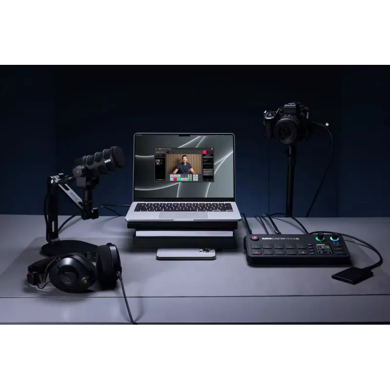 Consola de produção multicanal para podcast e livestream Rode RodeCaster Video S RCVS-E – ecrã tátil, Wi‑Fi, Bluetooth 5.3, 5x USB-C, 3x entrada HDMI, 1x saída HDMI, microSD
