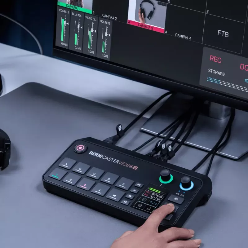 Consola de produção multicanal para podcast e livestream Rode RodeCaster Video S RCVS-E – ecrã tátil, Wi‑Fi, Bluetooth 5.3, 5x USB-C, 3x entrada HDMI, 1x saída HDMI, microSD