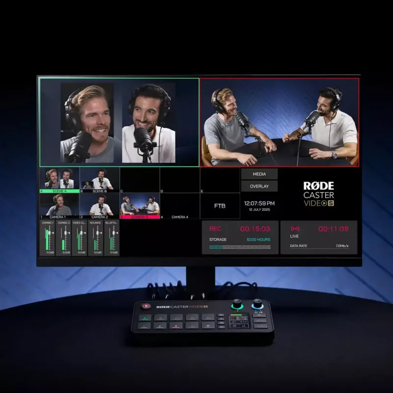 Consola de produção multicanal para podcast e livestream Rode RodeCaster Video S RCVS-E – ecrã tátil, Wi‑Fi, Bluetooth 5.3, 5x USB-C, 3x entrada HDMI, 1x saída HDMI, microSD