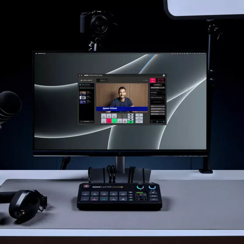 Consola de produção multicanal para podcast e livestream Rode RodeCaster Video S RCVS-E – ecrã tátil, Wi‑Fi, Bluetooth 5.3, 5x USB-C, 3x entrada HDMI, 1x saída HDMI, microSD
