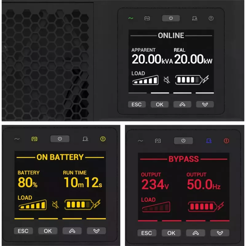 APC Smart-UPS On-Line, 15kVA/15kW, rack/torre, 230V/380V...415V, ligação fixa 5 fios (3P+N+E)+3 fios (1P+N+E), placa de rede, sem kit de calhas