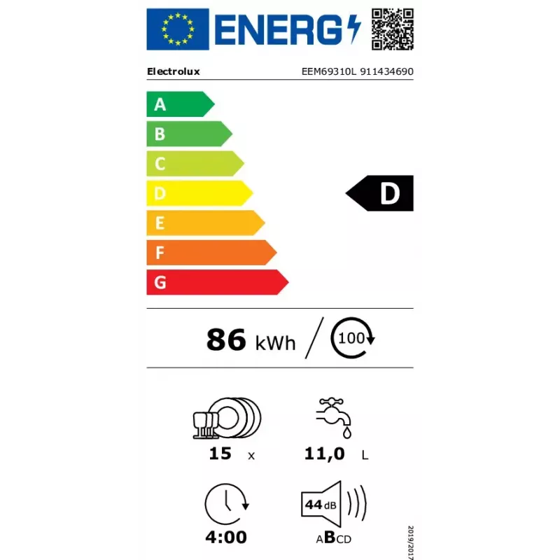 Máquina de lavar loiça encastrável Electrolux EEM69310L — tamanho completo 60 cm, 15 conjuntos, 44 dB, AirDry, 8 programas
