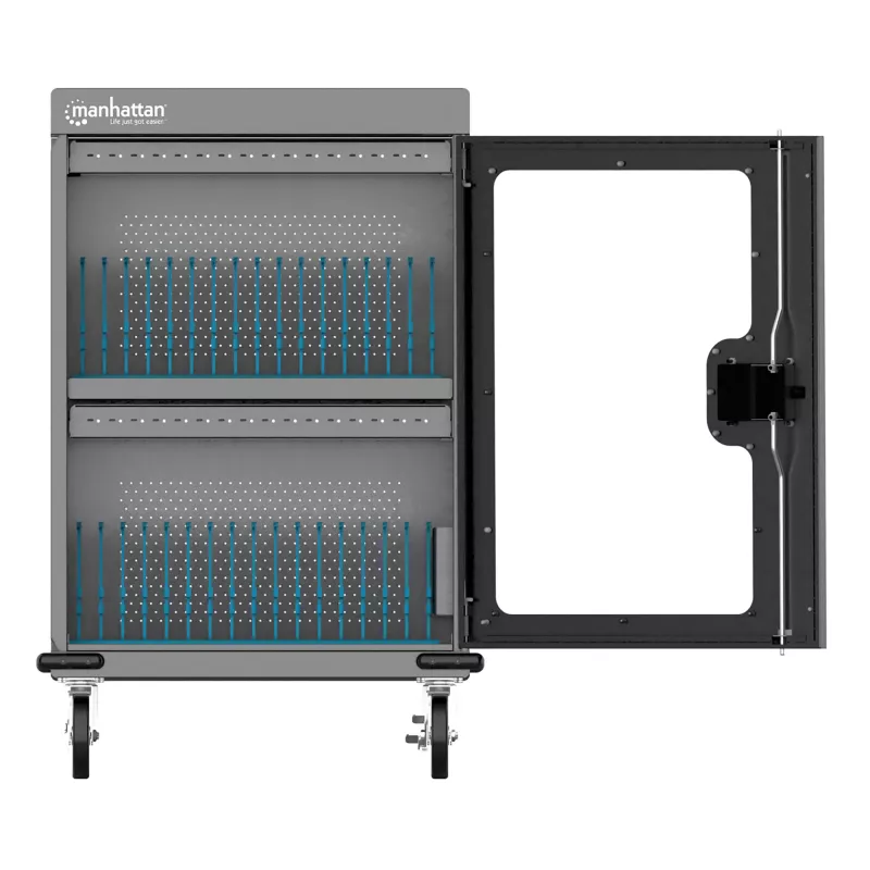 Manhattan carrinho de carregamento 32 tomadas USB-C para iPad até 13 polegadas, MacBook Air até 15 polegadas e Chromebook 15,6 polegadas, também outros tablets/smartphones (com cabo dispositivo-para-USB-C), compartimentos 404x27,6x283mm, cabo de carregamento para dispositivos não incluído (cabo USB-C recomendado 354868), caixa