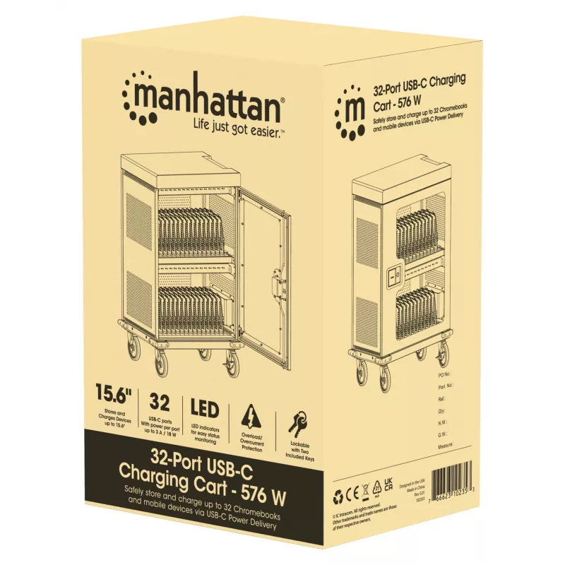 Manhattan carrinho de carregamento 32 tomadas USB-C para iPad até 13 polegadas, MacBook Air até 15 polegadas e Chromebook 15,6 polegadas, também outros tablets/smartphones (com cabo dispositivo-para-USB-C), compartimentos 404x27,6x283mm, cabo de carregamento para dispositivos não incluído (cabo USB-C recomendado 354868), caixa