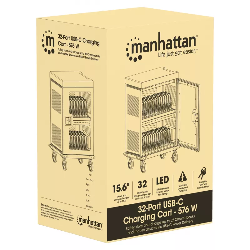 Manhattan carrinho de carregamento 32 tomadas USB-C para iPad até 13 polegadas, MacBook Air até 15 polegadas e Chromebook 15,6 polegadas, também outros tablets/smartphones (com cabo dispositivo-para-USB-C), compartimentos 404x27,6x283mm, cabo de carregamento para dispositivos não incluído (cabo USB-C recomendado 354868), caixa