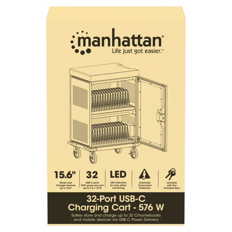 Manhattan carrinho de carregamento 32 tomadas USB-C para iPad até 13 polegadas, MacBook Air até 15 polegadas e Chromebook 15,6 polegadas, também outros tablets/smartphones (com cabo dispositivo-para-USB-C), compartimentos 404x27,6x283mm, cabo de carregamento para dispositivos não incluído (cabo USB-C recomendado 354868), caixa