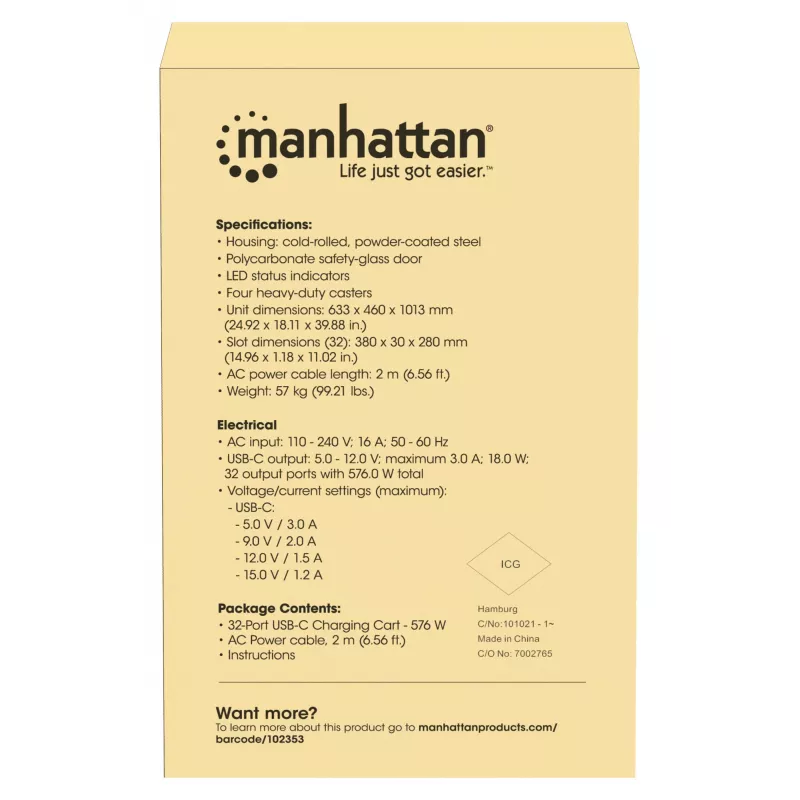 Manhattan carrinho de carregamento 32 tomadas USB-C para iPad até 13 polegadas, MacBook Air até 15 polegadas e Chromebook 15,6 polegadas, também outros tablets/smartphones (com cabo dispositivo-para-USB-C), compartimentos 404x27,6x283mm, cabo de carregamento para dispositivos não incluído (cabo USB-C recomendado 354868), caixa