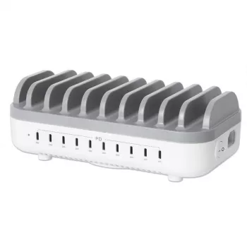 Estação de carregamento Manhattan 10 portas USB-C, saída USB-C: 10x 20 W, máx. 200 W, alimentação AC (incl. adaptador US/EU/UK)