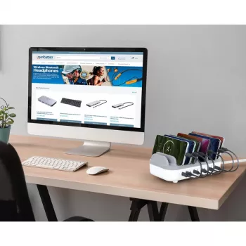 Estação de carregamento Manhattan 10 portas USB-C, saída USB-C: 10x 20 W, máx. 200 W, alimentação AC (incl. adaptador US/EU/UK)