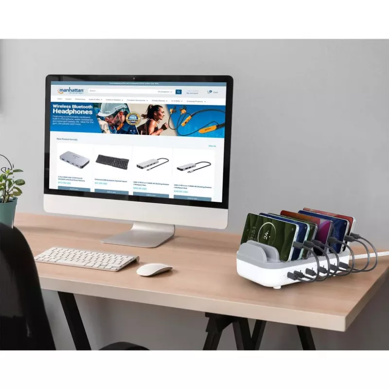 Estação de carregamento Manhattan 10 portas USB-C, saída USB-C: 10x 20 W, máx. 200 W, alimentação AC (incl. adaptador US/EU/UK)