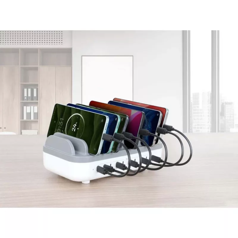 Estação de carregamento Manhattan 10 portas USB-C, saída USB-C: 10x 20 W, máx. 200 W, alimentação AC (incl. adaptador US/EU/UK)