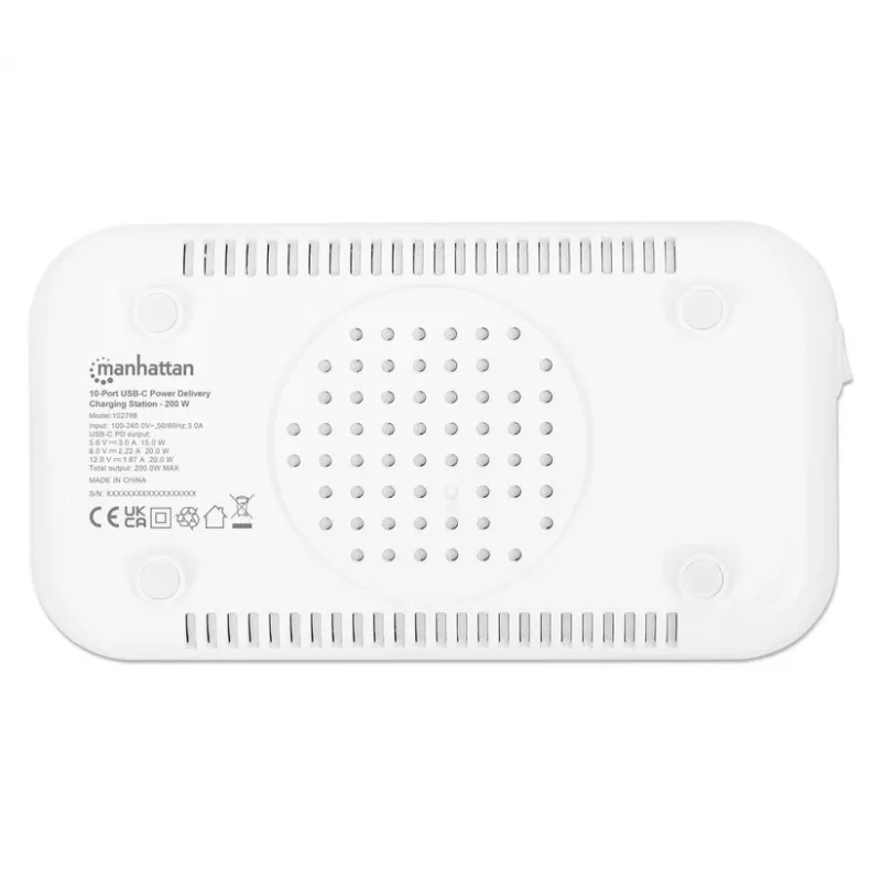Estação de carregamento Manhattan 10 portas USB-C, saída USB-C: 10x 20 W, máx. 200 W, alimentação AC (incl. adaptador US/EU/UK)
