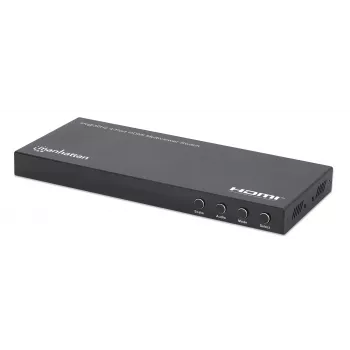 Comutador multiviewer HDMI 4K 4 portas Manhattan, comutador com quatro entradas num ecrã, 4K@30Hz, várias opções de visualização incluindo picture-in-picture e ecrã duplo/quádruplo, botões ou telecomando, áudio 3,5 mm e Toslink, preto, 3 anos de garantia