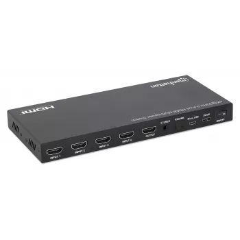 Comutador multiviewer HDMI 4K 4 portas Manhattan, comutador com quatro entradas num ecrã, 4K@30Hz, várias opções de visualização incluindo picture-in-picture e ecrã duplo/quádruplo, botões ou telecomando, áudio 3,5 mm e Toslink, preto, 3 anos de garantia