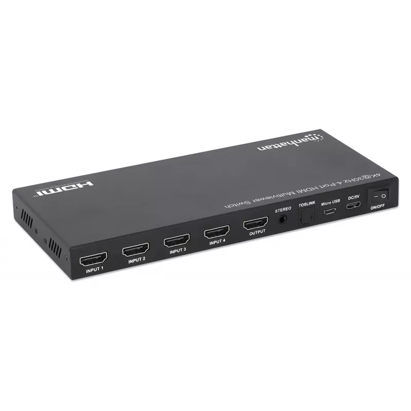 Comutador multiviewer HDMI 4K 4 portas Manhattan, comutador com quatro entradas num ecrã, 4K@30Hz, várias opções de visualização incluindo picture-in-picture e ecrã duplo/quádruplo, botões ou telecomando, áudio 3,5 mm e Toslink, preto, 3 anos de garantia