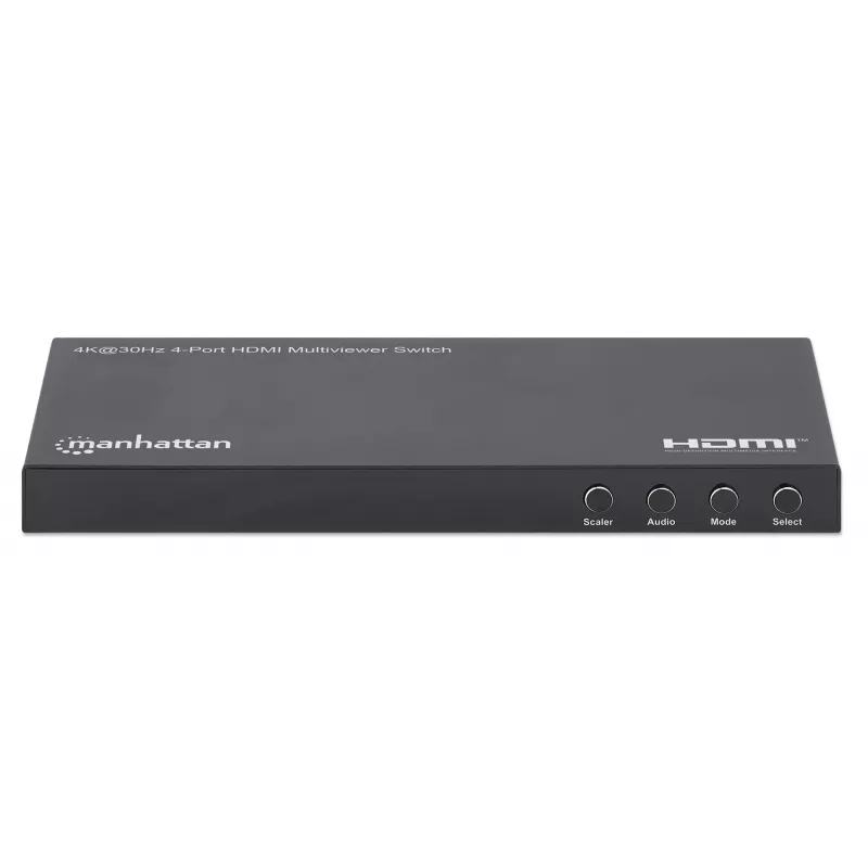 Comutador multiviewer HDMI 4K 4 portas Manhattan, comutador com quatro entradas num ecrã, 4K@30Hz, várias opções de visualização incluindo picture-in-picture e ecrã duplo/quádruplo, botões ou telecomando, áudio 3,5 mm e Toslink, preto, 3 anos de garantia