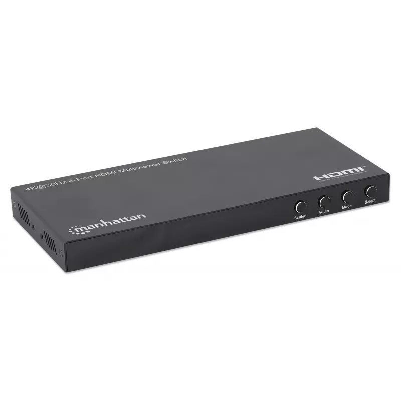 Comutador multiviewer HDMI 4K 4 portas Manhattan, comutador com quatro entradas num ecrã, 4K@30Hz, várias opções de visualização incluindo picture-in-picture e ecrã duplo/quádruplo, botões ou telecomando, áudio 3,5 mm e Toslink, preto, 3 anos de garantia