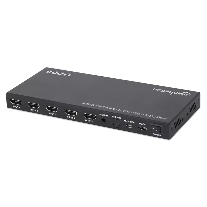 Comutador multiviewer HDMI 4K 4 portas Manhattan, comutador com quatro entradas num ecrã, 4K@30Hz, várias opções de visualização incluindo picture-in-picture e ecrã duplo/quádruplo, botões ou telecomando, áudio 3,5 mm e Toslink, preto, 3 anos de garantia