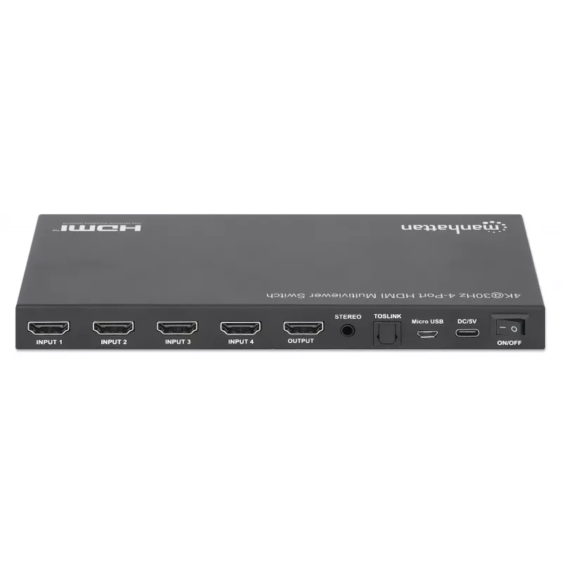 Comutador multiviewer HDMI 4K 4 portas Manhattan, comutador com quatro entradas num ecrã, 4K@30Hz, várias opções de visualização incluindo picture-in-picture e ecrã duplo/quádruplo, botões ou telecomando, áudio 3,5 mm e Toslink, preto, 3 anos de garantia