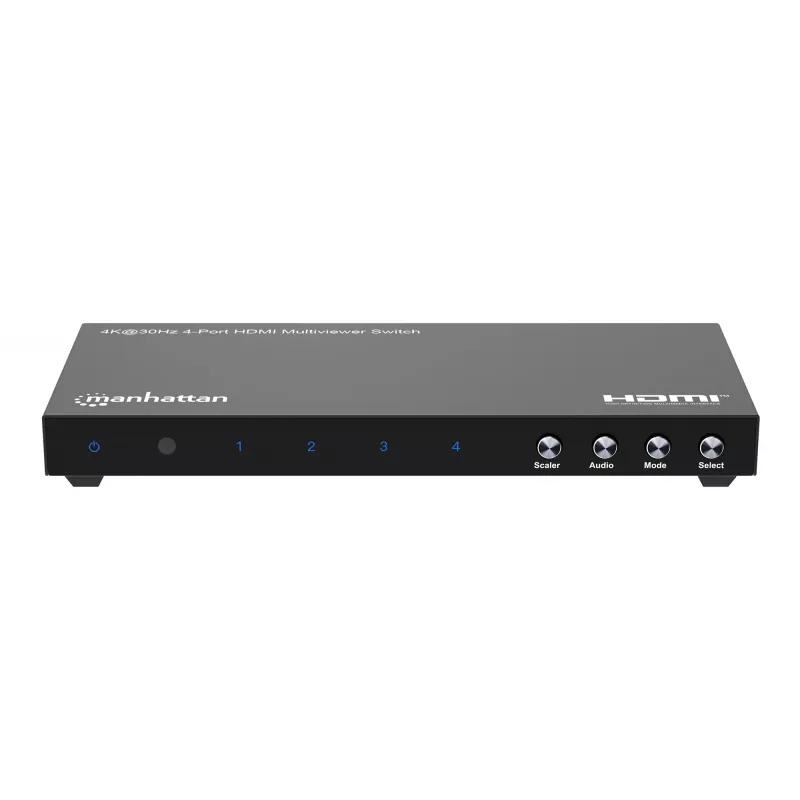 Comutador multiviewer HDMI 4K 4 portas Manhattan, comutador com quatro entradas num ecrã, 4K@30Hz, várias opções de visualização incluindo picture-in-picture e ecrã duplo/quádruplo, botões ou telecomando, áudio 3,5 mm e Toslink, preto, 3 anos de garantia