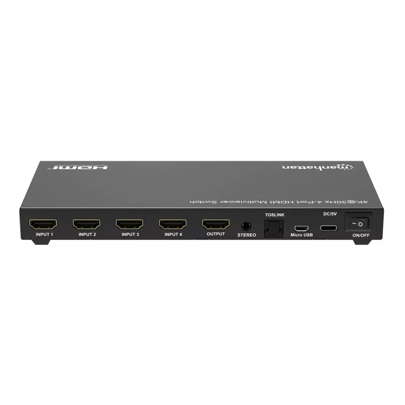 Comutador multiviewer HDMI 4K 4 portas Manhattan, comutador com quatro entradas num ecrã, 4K@30Hz, várias opções de visualização incluindo picture-in-picture e ecrã duplo/quádruplo, botões ou telecomando, áudio 3,5 mm e Toslink, preto, 3 anos de garantia